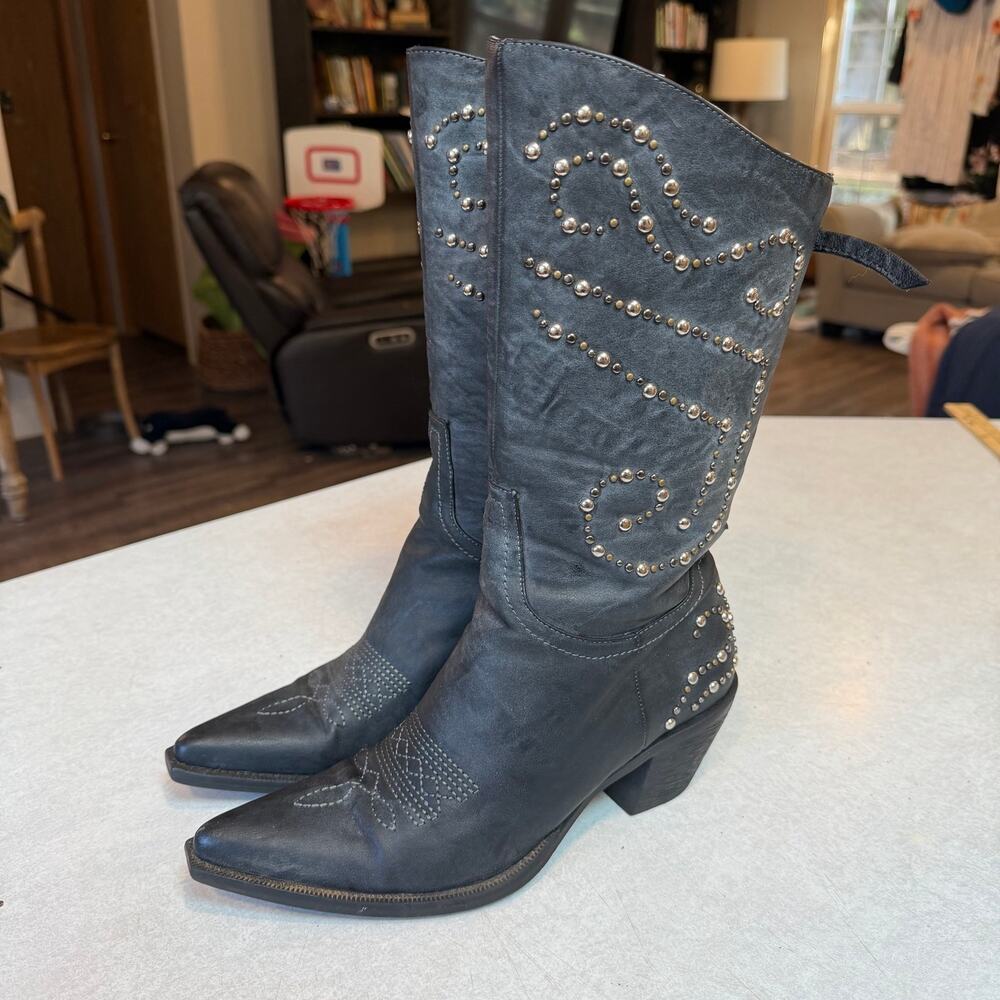 Roper Women's 6.5 Grey Faux Leather Studded Western Cowboy Boots Pointed Toe